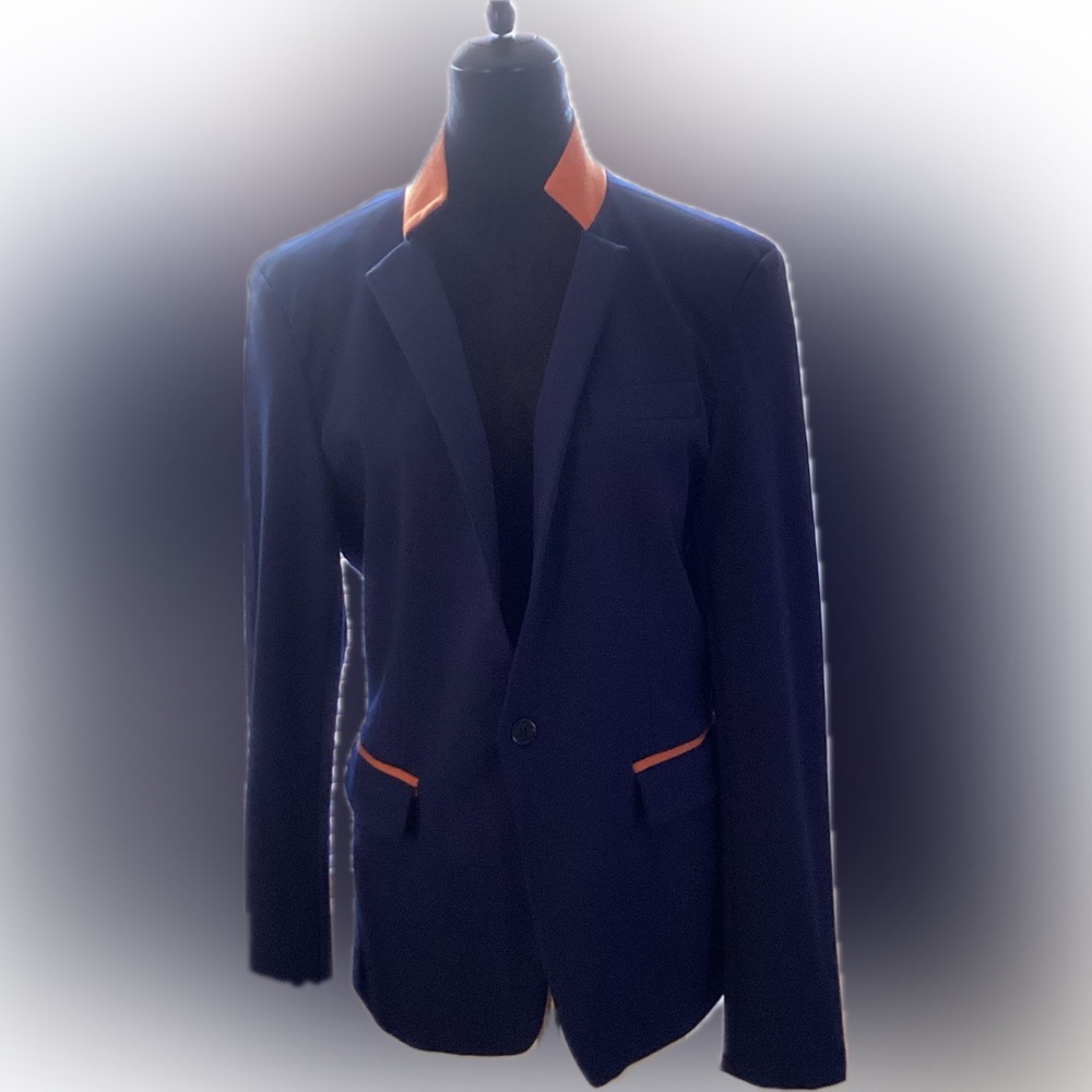 Men’s Blue & Orange Sport Coat; single breasted by Zune Poar 100% cotton size M